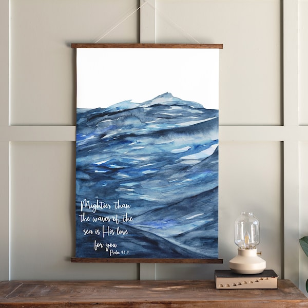 Mightier Than The Waves Of The Sea Hanging Canvas | Beach Sign | Watercolor Wall Art | Psalm 93 Sign | Scripture Sign | Hanging Frames | 264