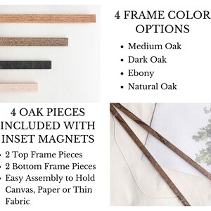 Pu&ograve; includere: Quattro pezzi di cornice in legno di quercia con magneti incassati per un montaggio facile. I pezzi della cornice sono mostrati in quattro diverse tonalit&agrave; di legno: quercia media, quercia scura, ebano e quercia naturale.