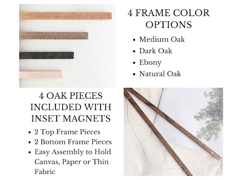 Pu&ograve; includere: Quattro pezzi di cornice in legno di quercia con magneti incassati per un montaggio facile. I pezzi della cornice sono mostrati in quattro diverse tonalit&agrave; di legno: quercia media, quercia scura, ebano e quercia naturale.