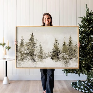 Framed Winter Forest Canvas Art: Vintage Christmas Tree Wall Decor | F626