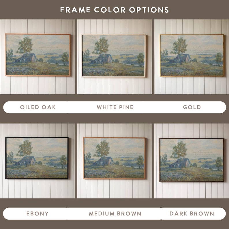 May include: Framed landscape art prints with various frame color options: oiled oak, white pine, gold, ebony, medium brown, and dark brown. The artwork depicts a rural scene with a house, trees, and fields under a blue sky. The text "FRAME COLOR OPTIONS" is at the top.