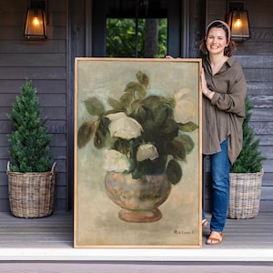 Vintage Oil Print Wall Art | Vintage Still Life Flower Wall Art | Large Canvas Framed Vertical Living Room Botanical Wall Decor | F565