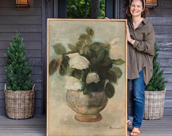 Vintage Floral Oil Print: Framed Botanical Still Life Canvas Art | F565