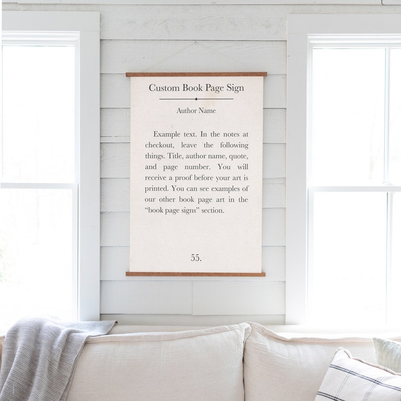 May include: A white sign with black text that reads "Custom Book Page Sign" and "Author Name". The text continues with instructions on how to customize a book page sign. The sign is hanging on a white wall with a wooden texture. The text at the bottom of the sign reads "55."