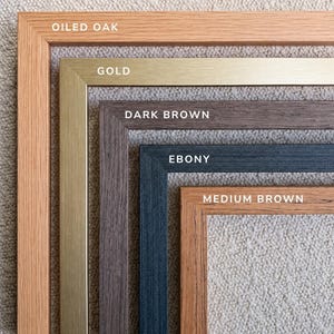 a collection of different colored wooden frames, each with a label indicating the color, such as "OILED OAK", "GOLD", "DARK BROWN", "EBONY", and "MEDIUM BROWN".
