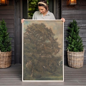 Vintage Tree Wall Art | Large Canvas Framed Vertical Living Room Oil Painting Print | F605