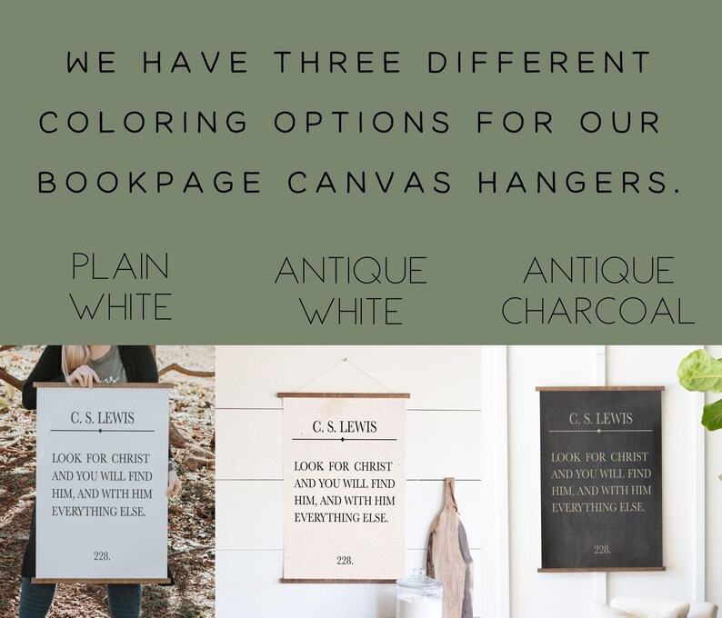 May include: Three canvas wall hangings with a quote from C.S. Lewis: "Look for Christ and you will find him, and with him everything else." The hangings are available in three colors: plain white, antique white, and antique charcoal.