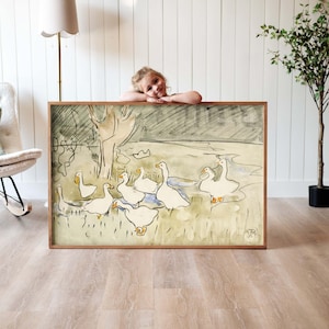 Vintage Geese Painting: Framed Cotton Canvas, Kids Nursery Art | F581