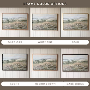 May include: Six framed landscape paintings showing different frame colors. The frames are: oiled oak, white pine, gold, ebony, medium brown, and dark brown.