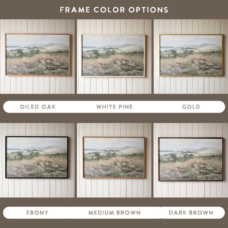May include: Six framed landscape paintings showing different frame colors. The frames are: oiled oak, white pine, gold, ebony, medium brown, and dark brown.