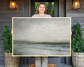 Framed Coastal Canvas Art: Vintage Beach Landscape Painting | F660