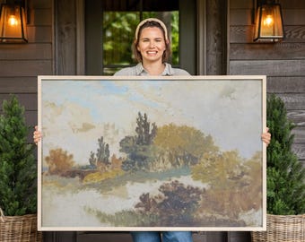 Framed Fall Landscape Painting Print: Vintage Oil on Cotton Canvas | F459
