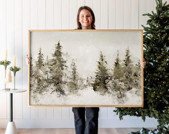 Framed Winter Forest Canvas Art: Vintage Christmas Tree Wall Decor | F626