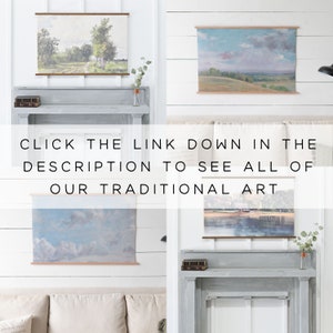 Puede incluir: Cuatro pinturas de paisajes enmarcadas con fondo blanco y marcos de madera. Las pinturas est&aacute;n colgadas en una pared blanca con un patr&oacute;n de tablones de madera. El texto "CLICK THE LINK DOWN IN THE DESCRIPTION TO SEE ALL OF OUR TRADITIONAL ART" se muestra en el centro de la imagen.