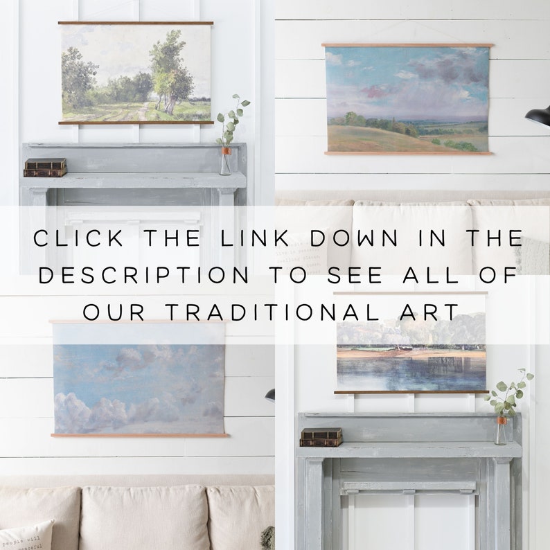 Puede incluir: Cuatro pinturas de paisajes enmarcadas con fondo blanco y marcos de madera. Las pinturas est&aacute;n colgadas en una pared blanca con un patr&oacute;n de tablones de madera. El texto "CLICK THE LINK DOWN IN THE DESCRIPTION TO SEE ALL OF OUR TRADITIONAL ART" se muestra en el centro de la imagen.