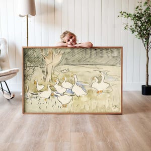 Vintage Geese Painting: Framed Cotton Canvas, Kids Nursery Art | F581