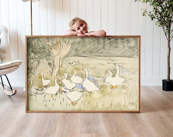 Cuadro de gansos vintage: Lienzo de algodón enmarcado, Arte para habitación infantil / F581