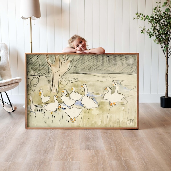 Vintage Geese Painting: Framed Cotton Canvas, Kids Nursery Art | F581
