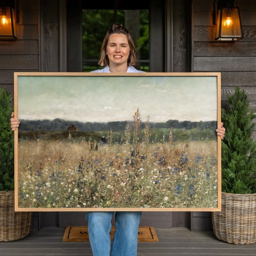 Framed Vintage Botanical Canvas Print: Wildflower Meadow Oil Painting | F167