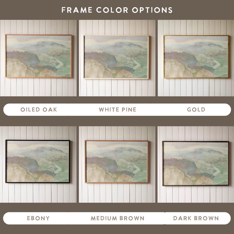 May include: A comparison of different frame colours for a framed print. The print depicts a landscape scene with a river and mountains in muted tones. The frame colours are oiled oak, white pine, gold, ebony, medium brown, and dark brown.