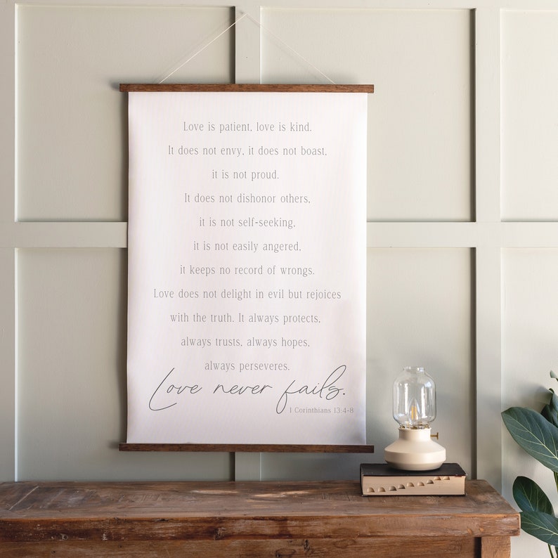 Love Never Fails Sign | 1 Corinthians 13 Sign | Bible Verse Sign | Farmhouse Sign | Hanging Canvas | Hanging Frames | Valentines Day | 081