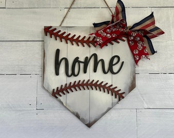 Baseball Door Hanger, Home, High School, Stitch, Red, White, Distressed, American, Softball, Shiplap, twine, cord, gift, housewarming,