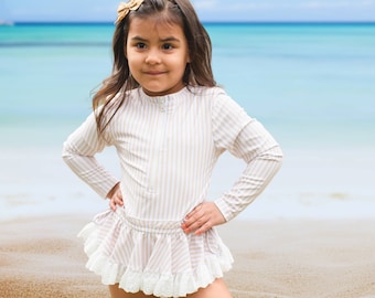 Tan stripes Designer swimsuit, Kids Girls Rashguard, Custom embroidery kids swimsuit, summer swimwear