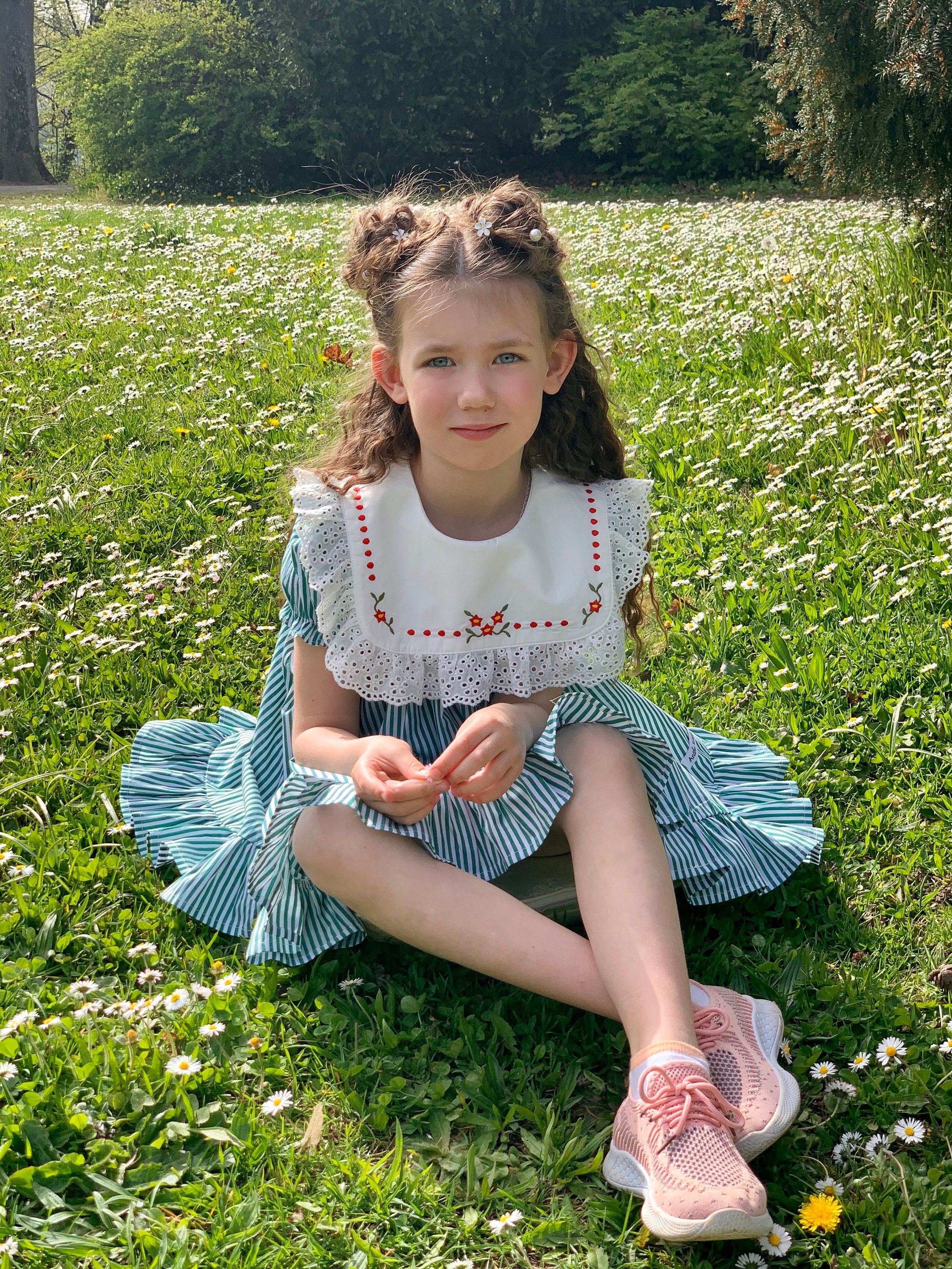 STRIPE SUMMER DRESS, 2 Pc Green Striped Summer Girl Dress