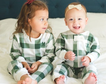 Green plaid xmas pjs - Family matching 100% cotton pajamas