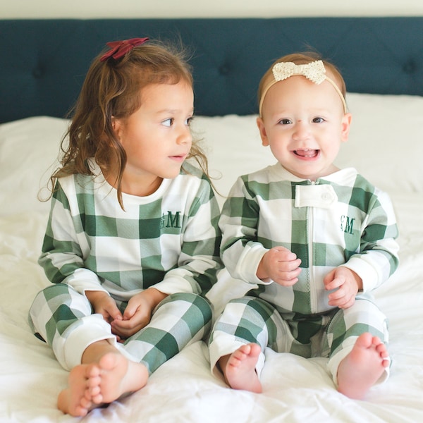 Green plaid xmas pjs - Family matching 100% cotton pajamas