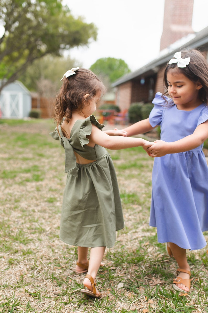 Green Linen flower girl dress, Flutter sleeve flower girl dress image 7