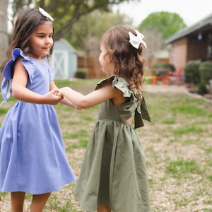 Green Linen flower girl dress, Flutter sleeve flower girl dress image 8