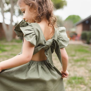 Green Linen flower girl dress, Flutter sleeve flower girl dress image 6