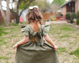 Green Linen flower girl dress, Flutter sleeve flower girl dress