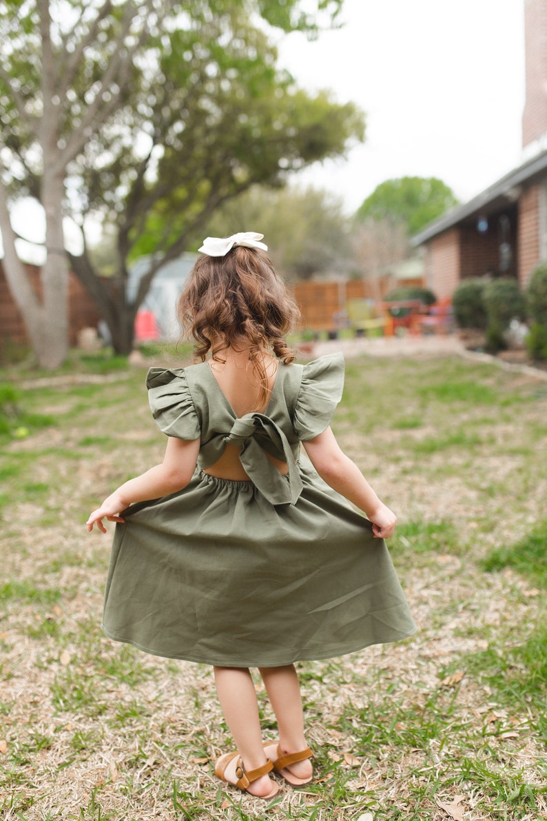 Green Linen flower girl dress, Flutter sleeve flower girl dress Dusty Green