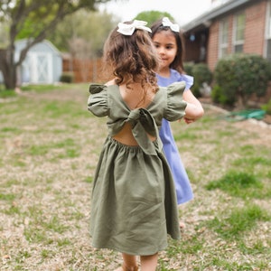 Green Linen flower girl dress, Flutter sleeve flower girl dress image 3