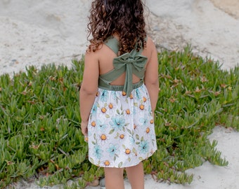 Olive Back Bow Daisy floral dress, kids beach dress, girl floral dress, summer dress, olive green dress, toddler dress, botanical dress