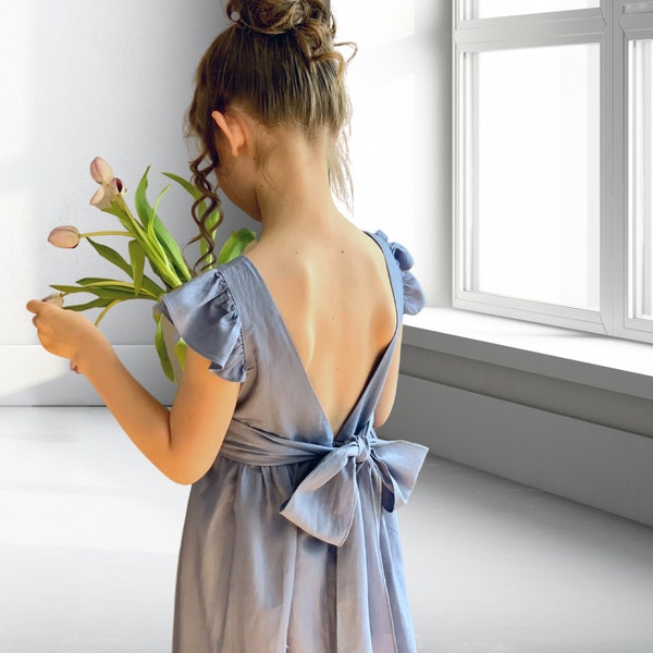 LINEN FLOWER GIRL Dress - Dusty blue flower girl dress, European linen kids dress, linen wedding dress,