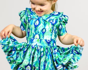 FEATHER TWIRL DRESS for girls, Full Circle Skirt, Super twirly, peaock print dress