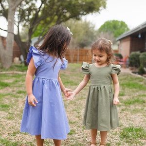 Green Linen flower girl dress, Flutter sleeve flower girl dress image 4