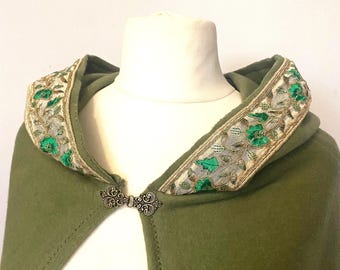 Khaki green Hand fasting Goddess cloak 100% cotton with green/golden leaf trimming