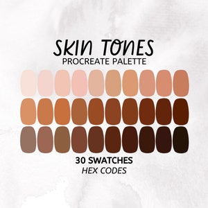 Puede incluir: Una paleta de Procreate con 30 muestras de tonos de piel, que van de claros a oscuros, para arte y diseño digital. La paleta está etiquetada como "Skin Tones" y "30 Swatches Hex Codes".