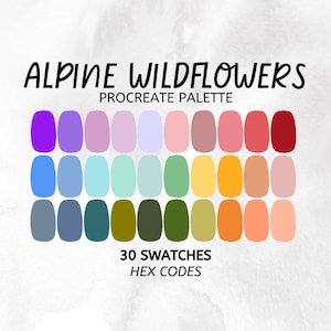Könnte beinhalten: Eine Procreate-Palette mit 30 Farbmustern, inspiriert von Alpenblumen. Die Palette bietet eine Auswahl an Farben, von leuchtenden Lila- und Blautönen bis hin zu zarten Rosa- und Grüntönen.