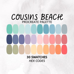 May include: A digital Procreate palette featuring 30 colour swatches, titled "Cousins Beach". The colours are a blend of blues, greens, purples, pinks, and oranges, evoking a beachy and summery atmosphere.