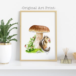 Mushroom & Chipmunk Painting - Botanical Illustration - Mushroom Art - Cottagecore - Boho Art Print - Nature Art Print - Fungi Art