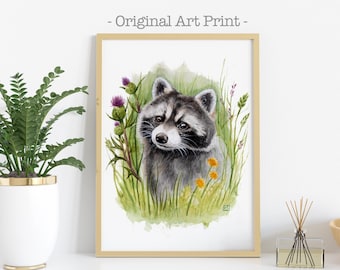Mapache en el prado - Arte de acuarela - Pintura de mapache - Trash Panda - Decoración cottagecore - Impresión artística de mapache