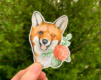 Fuchs Aquarell Vinyl Aufkleber - Volkskunst - Fuchs Blumen Aufkleber - Tier Aufkleber - Computer Aufkleber - Original Kunst - Wasserflasche Aufkleber