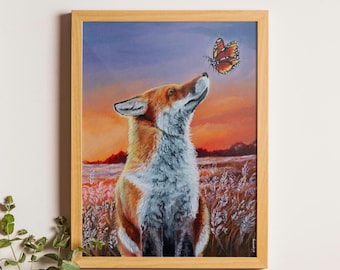 キツネとウサギのオリジナル絵画、野生動物アート、キャンバス画