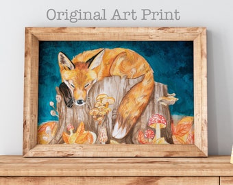 Gold Sun Fox Print - Gold Leaf Print - Original Animal Art - Wildlife Painting - Folk Art Prints - Hand Signed - Whimsical Art