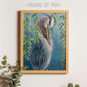 Blue Heron in the Willows - Bird Art - Blue Heron Wall Decor - Crane Art - Blue Heron Painting - Blue Heron Print - Fine Art